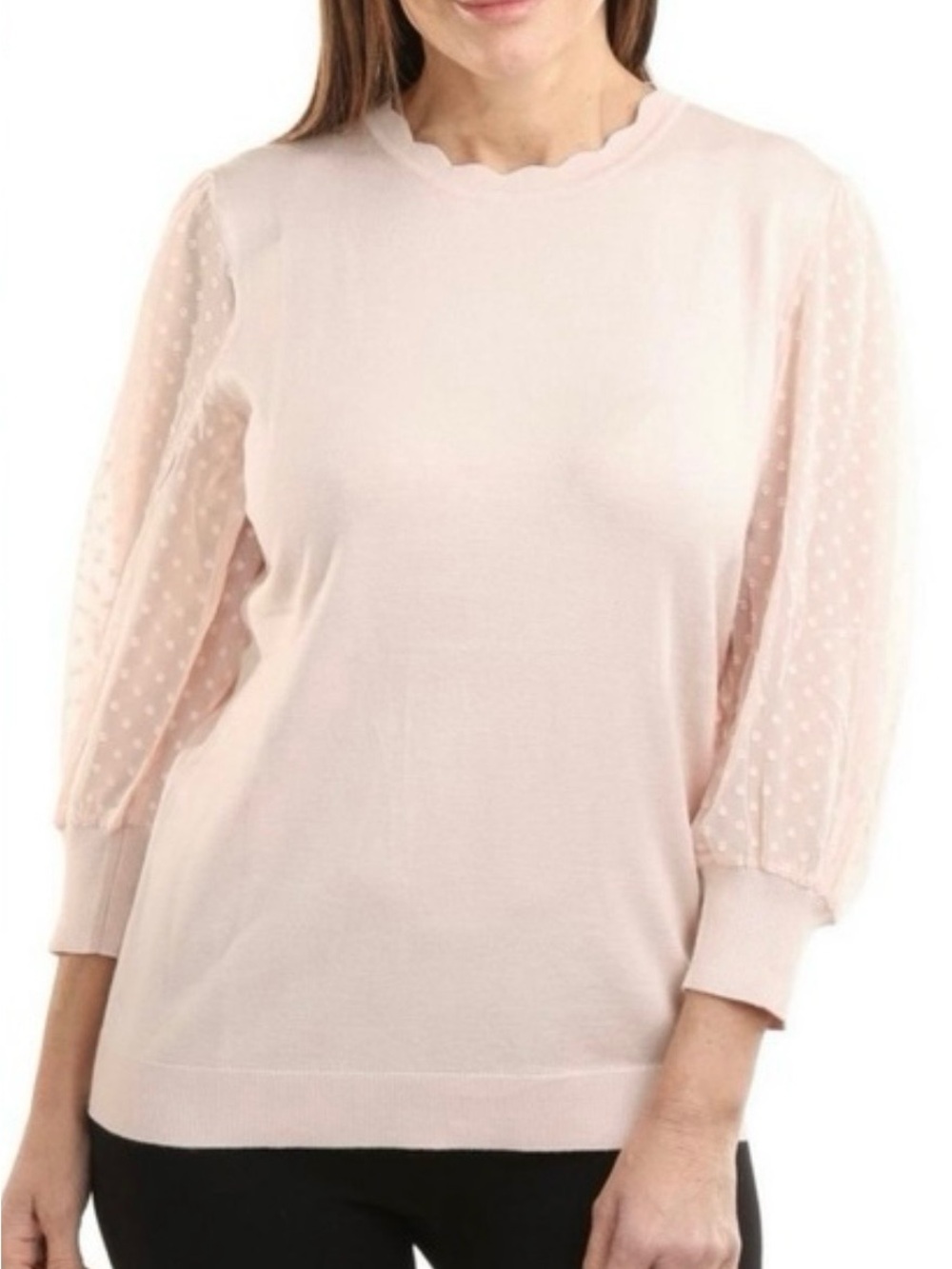 Adrianna Papell Sweater Sz L Light Pink Dot Mesh Sleeve Top Fairy-core Feminine